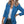 Vrouw in blauwe blazer, witte blouse en zwarte broek. Modieuze dameskleding, casual chic stijl, trendy outfit voor kantoor of dagelijks gebruik.