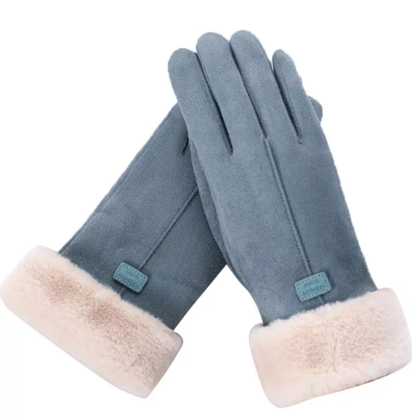 Blauwe suède handschoenen met witte bontvoering, winteraccessoire, warme dameshandschoenen, stijlvol en comfortabel, perfect voor koude dagen.