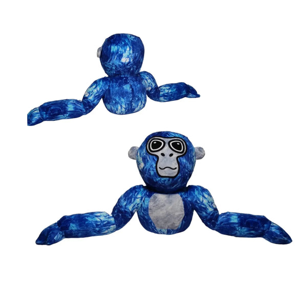 Blauwe pluchen gorilla knuffel met unieke vlammenprint, liggend en zittend afgebeeld. Perfect speelgoed voor kinderen, zachte knuffel, opvallend design.