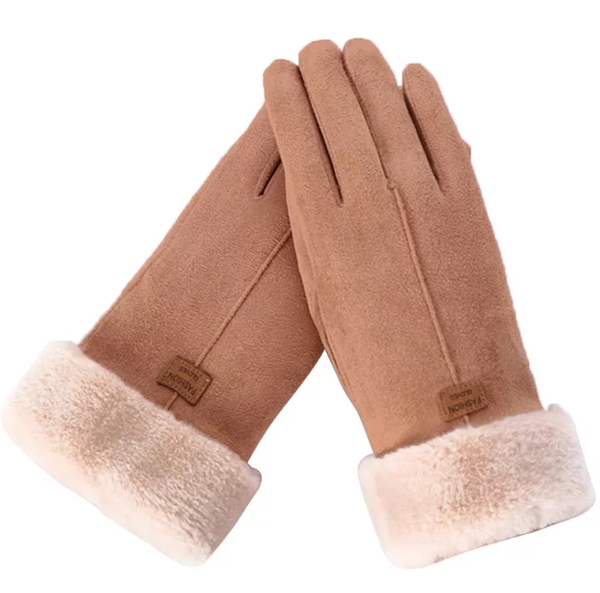 Bruine suède handschoenen met zachte witte voering, ideaal voor wintermode. Stijlvolle en warme accessoires voor koude dagen.