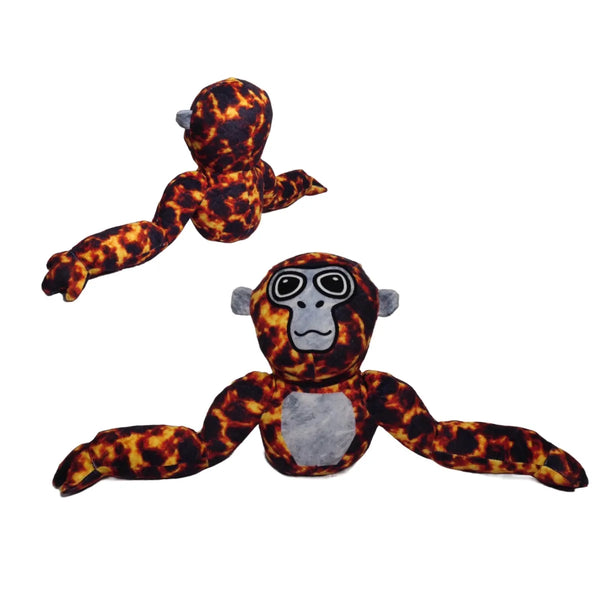 Pluche knuffelaap met bruin-vlammenpatroon, lange armen en grote ogen. Perfect speelgoed voor kinderen, decoratie of cadeau.