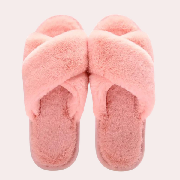 Roze pluche pantoffels met gekruiste bandjes, comfortabele dames slippers, zachte huispantoffels, trendy en warm, perfect voor thuisgebruik.
