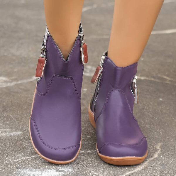 Paarse damesenkelboots met ritssluiting, comfortabele platte zool, modieus design, ideaal voor dagelijks gebruik en herfstmode.