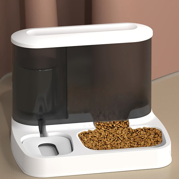 Automatische huisdier voerdispenser met waterreservoir, wit en zwart ontwerp, ideaal voor katten en honden, gemakkelijke voedingstijd, modern huisdieraccessoire.