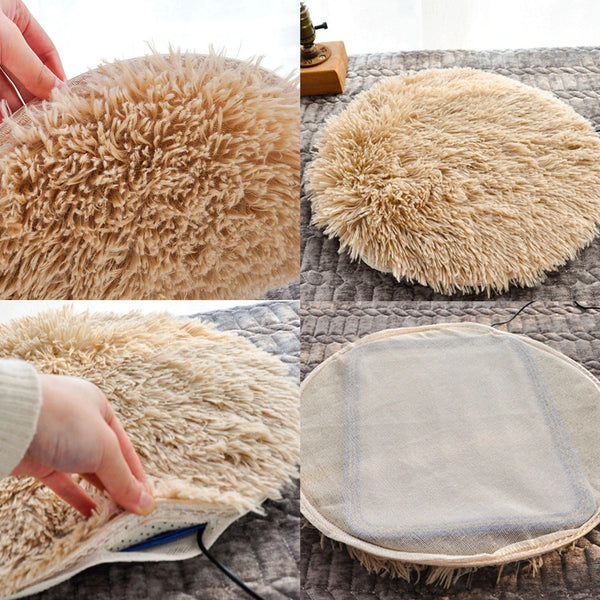 Pluizig beige verwarmingskussen voor katten, rond en zacht, ideaal voor huisdierencomfort en warmte, perfect voor koude dagen en kattenrust.