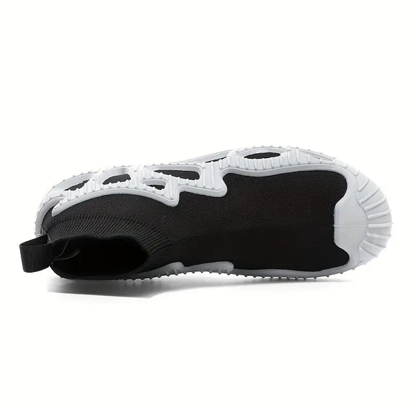 Zwarte sok sneaker met witte zool, unisex design, ademend materiaal, lichtgewicht en flexibel, ideaal voor dagelijks gebruik en sportactiviteiten.