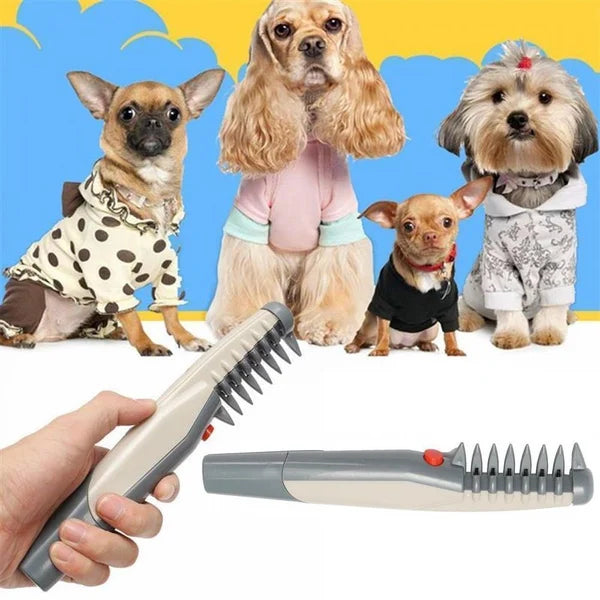 Elektrische hondenkam met vier honden op de achtergrond, ideaal voor het verwijderen van losse haren en klitten. Perfect voor huisdierverzorging.