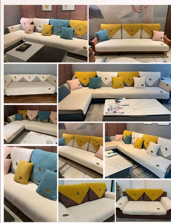 Collage van moderne banken met kleurrijke kussens in geel, blauw en bruin. Comfortabele, stijlvolle woonkamerinrichting. Bankhoes, interieurdesign.