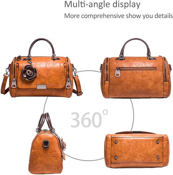 Bruine leren handtas met bloemdetail, multi-angle weergave, stijlvolle damesaccessoire, modieuze tas, 360 graden presentatie, elegant design.