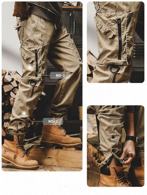 Cargo broek met meerdere zakken en ritsen, ideaal voor outdoor activiteiten. Gemaakt van duurzaam materiaal. Gecombineerd met stevige bruine laarzen.