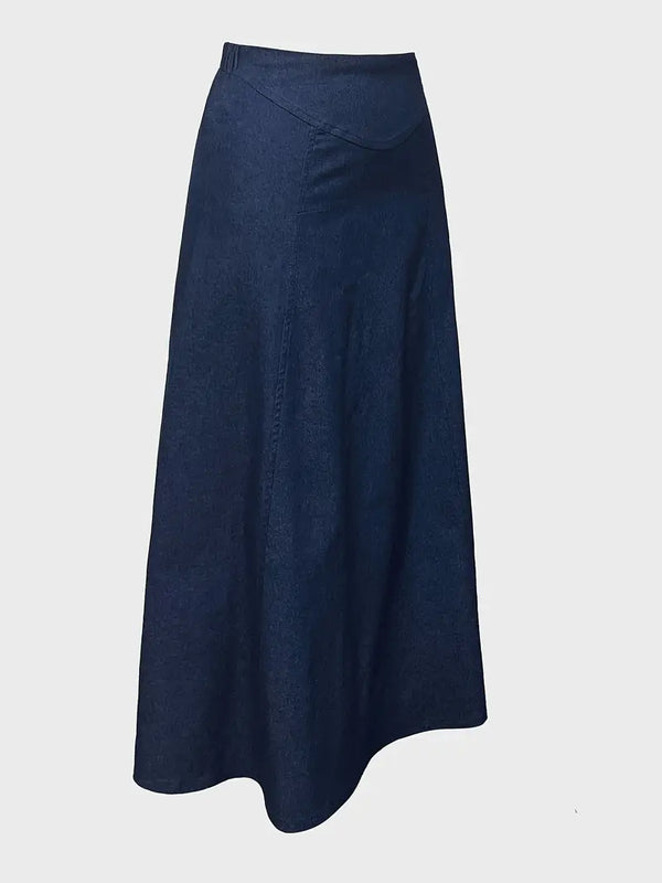 Donkerblauwe denim rok, A-lijn, knielang, met elastische tailleband. Perfect voor casual en formele gelegenheden. Tijdloze damesmode.