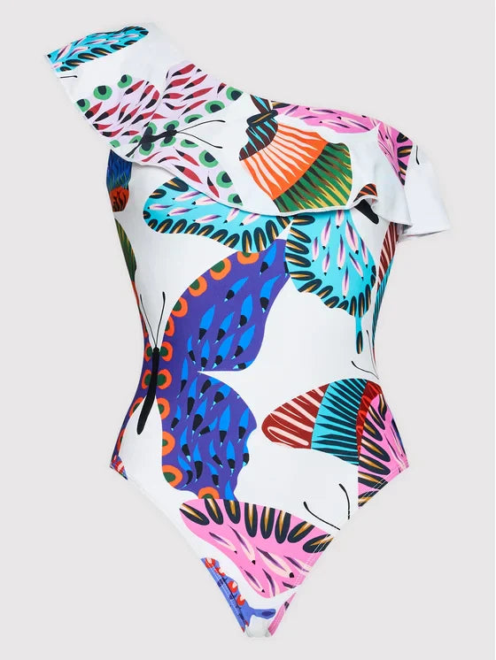 Desigual asymmetrisch badpak met kleurrijke abstracte print, één schouder, tropisch design, damesmode, zomercollectie 2023.