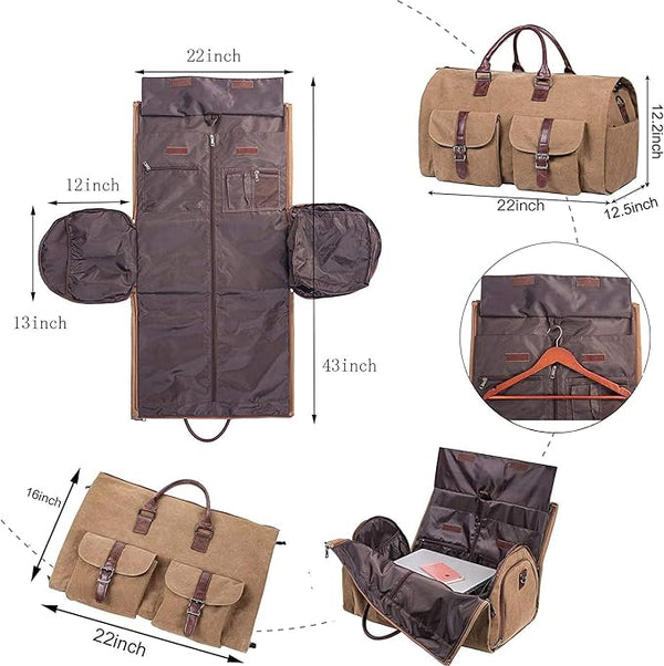 Afbeelding van een multifunctionele reistas met afmetingen: 22x12x12.5 inch. Inclusief opbergvakken, kledinghanger en laptopvak. Ideaal voor reizen.