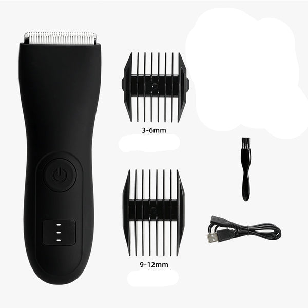 Zwarte elektrische tondeuse met twee opzetkammen (3-6mm, 9-12mm), reinigingsborstel en USB-oplaadkabel. Geschikt voor haarverzorging en styling.