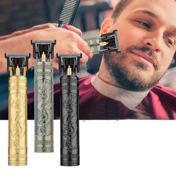 Drie professionele tondeuses met drakendesign in goud, zilver en zwart, ideaal voor precisiesnitten en baardverzorging in de kapperszaak.
