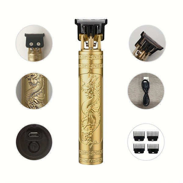 Gouden draadloze tondeuse met drakendesign, inclusief USB-oplaadkabel en vier opzetkammen. Perfect voor precisiesnit en styling.