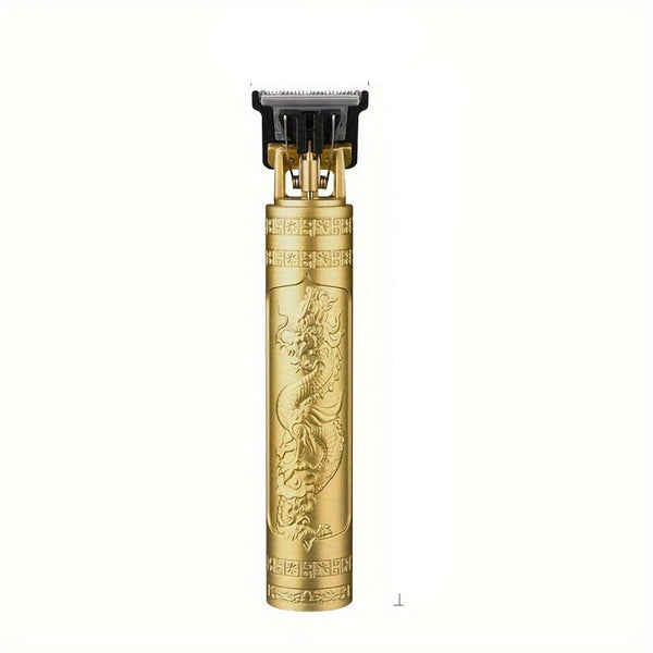 Gouden tondeuse met drakendesign, professionele draadloze trimmer, precisiesnijder voor haarstyling, oplaadbaar en ergonomisch ontwerp.