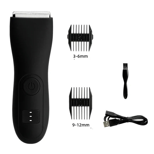 Zwarte draadloze tondeuse met opzetkammen van 3-6mm en 9-12mm, reinigingsborstel en USB-oplaadkabel. Geschikt voor precisiehaarverzorging.