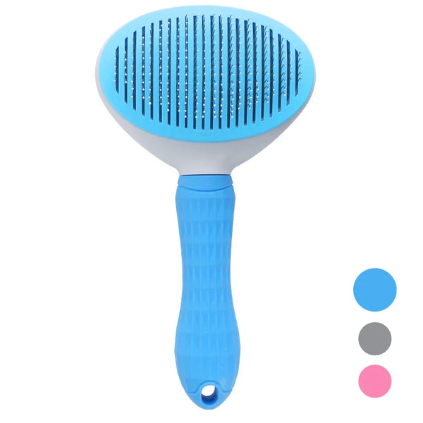 Blauwe huisdierborstel met ergonomische handgreep en zelfreinigende functie, ideaal voor honden en kattenverzorging. Verkrijgbaar in blauw, grijs, roze.