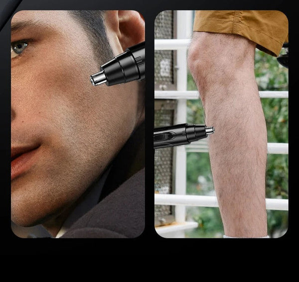Close-up van een man die een elektrische neustrimmer gebruikt op zijn gezicht en been. Neushaartrimmer, persoonlijke verzorging, grooming.