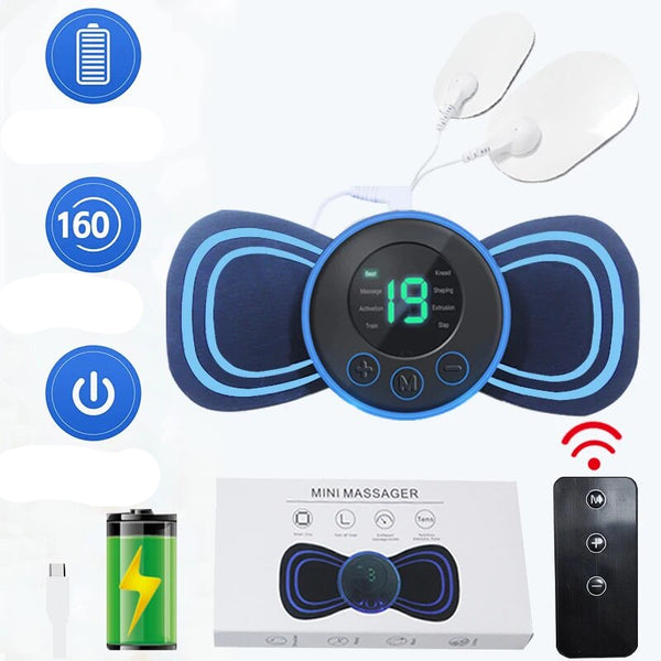 Elektrische mini-massager met display, oplaadbaar via USB, afstandsbediening, 160 intensiteitsniveaus, ideaal voor spierontspanning en pijnverlichting.