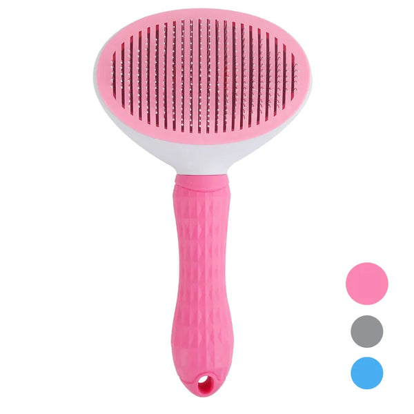 Roze hondenborstel met ergonomische handgreep en zelfreinigende functie, ideaal voor het verwijderen van losse haren en klitten bij huisdieren.