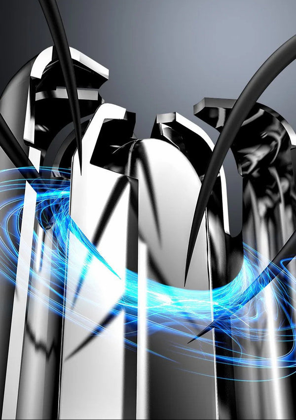 Futuristisch zilverkleurig kunstwerk met blauwe lichtspiraal, abstracte metalen vormen, moderne technologie, digitale kunst, 3D-rendering.