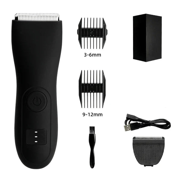 Zwarte elektrische tondeuse set met opzetkammen (3-6mm, 9-12mm), USB-kabel, reinigingsborstel en opbergdoos. Geschikt voor haarverzorging.