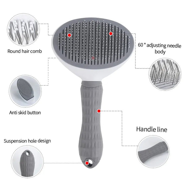 Grijze huisdierborstel met ergonomische handgreep, ronde kam, antislipknop en ophanggat. Ideaal voor honden- en kattenverzorging.