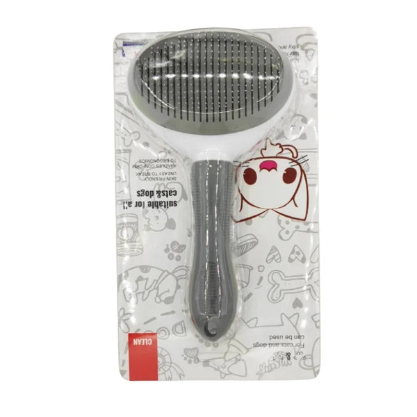 Huisdierborstel voor honden en katten, grijs, ergonomisch handvat, ideaal voor het verwijderen van losse haren en klitten, verpakt.