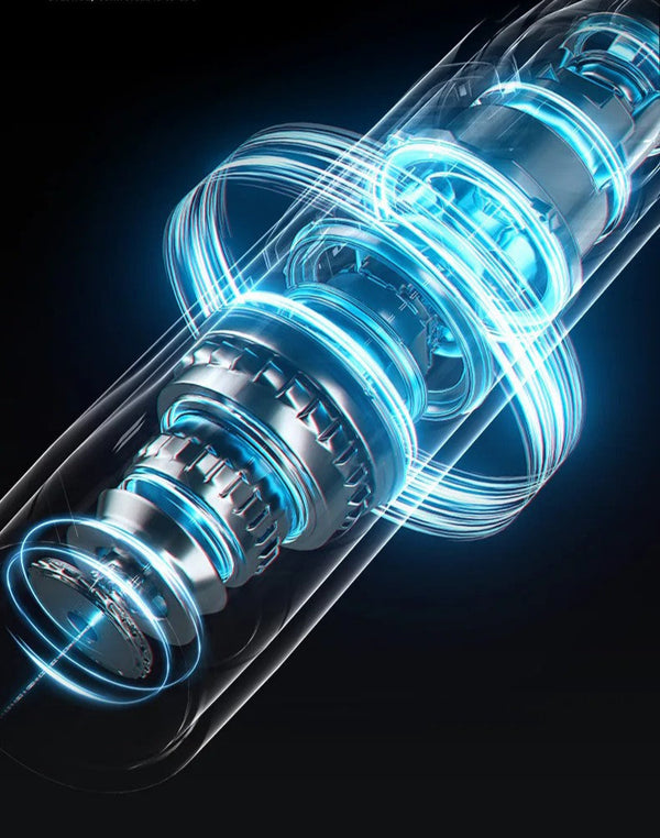 Futuristische 3D-weergave van een metalen tandwielmechanisme met blauwe lichtstralen, technologie, innovatie, machineonderdelen, zwart achtergrond.