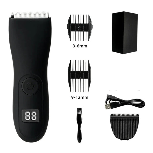 Zwarte elektrische tondeuse set met digitale display, inclusief opzetkammen (3-6mm, 9-12mm), USB-kabel, reinigingsborstel en opbergdoos.