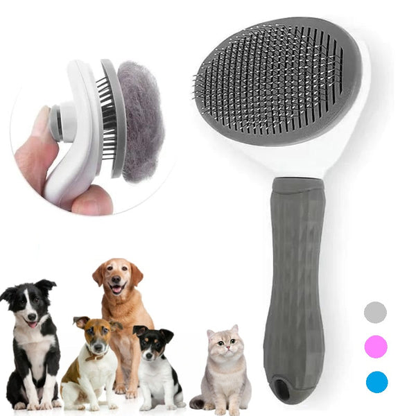 Zelfreinigende honden- en kattenborstel met ergonomische handgreep, ideaal voor het verwijderen van losse haren en klitten bij huisdieren.