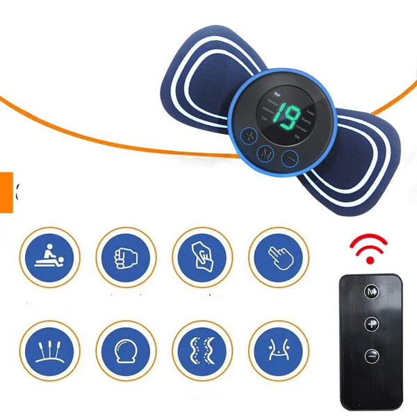 Blauwe EMS-spierstimulator met afstandsbediening, digitale display en pictogrammen voor fitness, massage en spierherstel. Ideaal voor thuisgebruik.