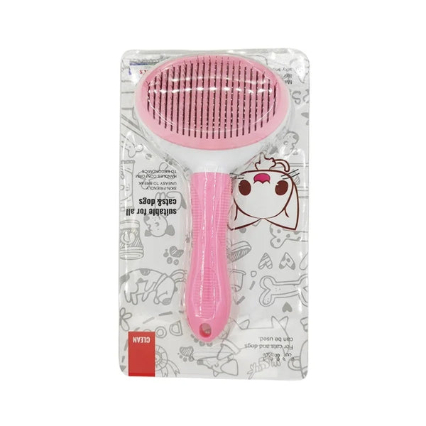 Roze hondenborstel met zelfreinigende functie, ideaal voor het verwijderen van losse haren en klitten. Perfect voor huisdierverzorging en vachtverzorging.