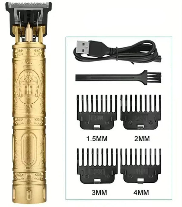 Gouden elektrische tondeuse met Boeddha-ontwerp, inclusief USB-kabel, reinigingsborstel en vier opzetkammen (1,5mm, 2mm, 3mm, 4mm).