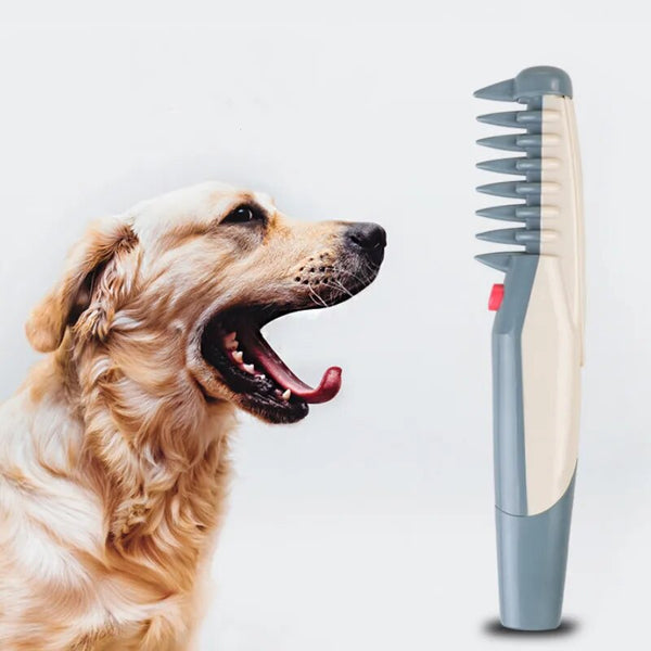 Hond met open mond naast elektrische hondenkam, ideaal voor vachtverzorging. Perfect voor het verwijderen van losse haren en klitten.