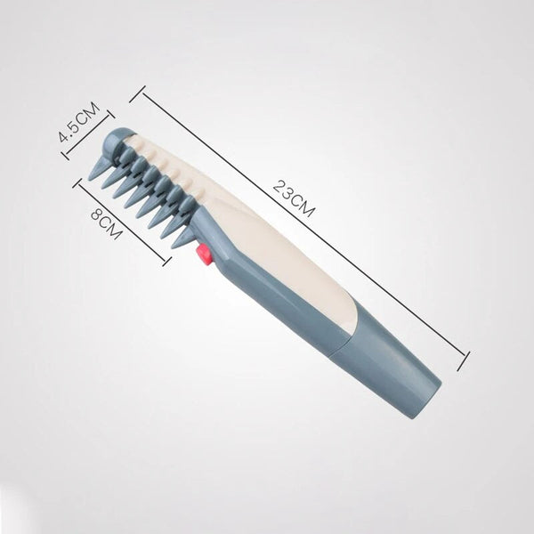 Elektrische vlooienkam voor huisdieren, grijs-wit, 23 cm lang, met afmetingen weergegeven. Ideaal voor honden en katten, effectief tegen vlooien.
