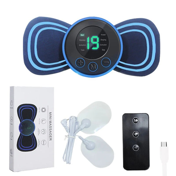 Elektronische mini-massager met display, afstandsbediening en oplaadkabel. Ideaal voor spierontspanning en pijnverlichting. Compact en draagbaar ontwerp.
