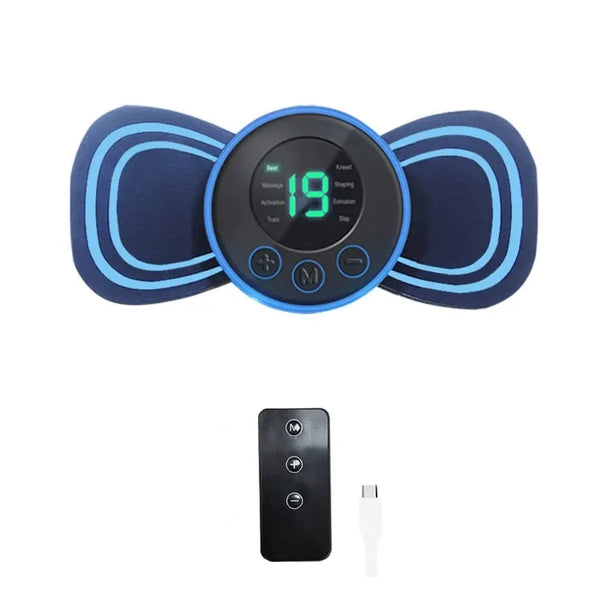 Blauwe EMS-spierstimulator met digitaal display en afstandsbediening, ideaal voor spiertraining en massage. Draagbaar fitnessapparaat.