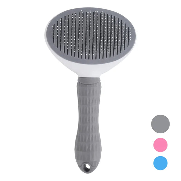 Grijze huisdierborstel met ergonomische handgreep en zelfreinigende functie, ideaal voor honden en kattenverzorging. Verkrijgbaar in grijs, roze, blauw.
