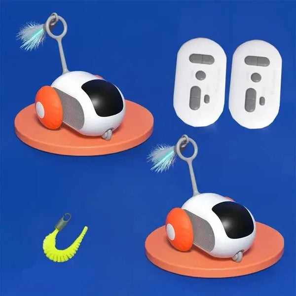 Interactief kattenspeelgoed met wielen en pluimstaart op oranje platform, inclusief vervangbare accessoires. Perfect voor kattenvermaak en beweging.
