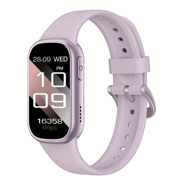 Paarse smartwatch met stappenteller, datum en tijdweergave. Modern ontwerp, fitness tracker, digitaal horloge voor gezondheid en welzijn.
