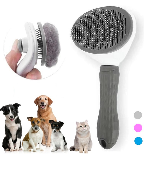 Honden- en kattenborstel met grijze handgreep, zelfreinigend, geschikt voor huisdierverzorging, verwijdert losse haren en klitten effectief.