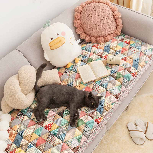 Grijze kat op kleurrijke patchwork bankhoes met kussens en open boek, gezellige woonkamer, huisdier vriendelijk interieur, katoenen beschermhoes.