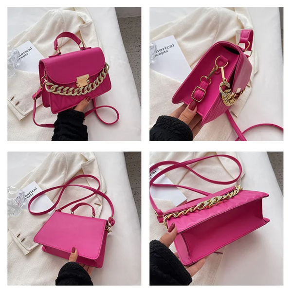 Fuchsia roze handtas met gouden ketting en verstelbare schouderriem, stijlvolle damesmodeaccessoire, perfect voor trendy outfits en dagelijks gebruik.