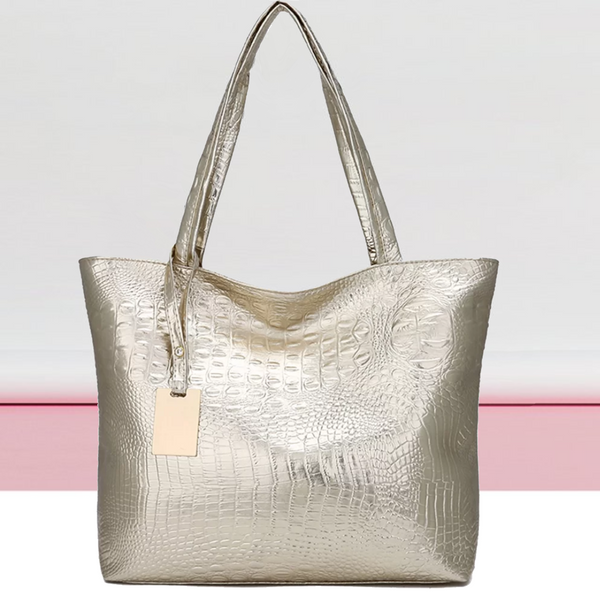 Gouden krokodillenleren handtas met dubbele schouderbanden, luxe design, modieuze damesaccessoire, perfect voor dagelijks gebruik en speciale gelegenheden.