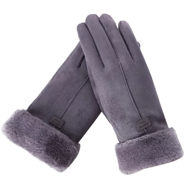 Grijze suède handschoenen met zachte voering, winteraccessoire, warme dameshandschoenen, stijlvol en comfortabel, ideaal voor koude dagen.