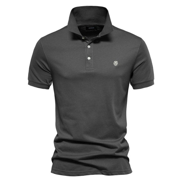 Donkergrijs herenpolo met korte mouwen, knoopsluiting en geborduurd logo. Stijlvolle casual kleding, perfect voor dagelijks gebruik.