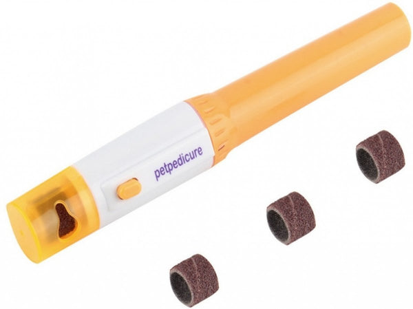 Elektrische hondennagelvijl met oranje handvat en verwisselbare schuurkoppen, ideaal voor veilige en efficiënte huisdierverzorging.